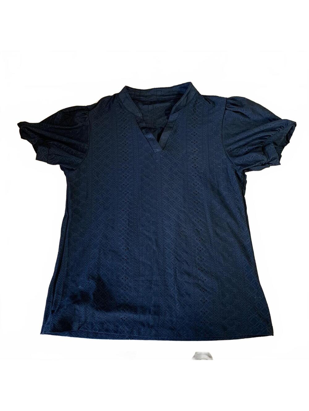 Black Textured Short Sleeve Blouse with V-Neck and Puff Sleeves - XL